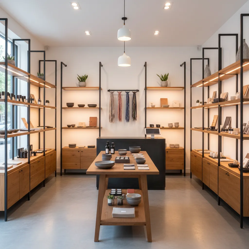 Interior de tienda pequeña con mobiliario compacto