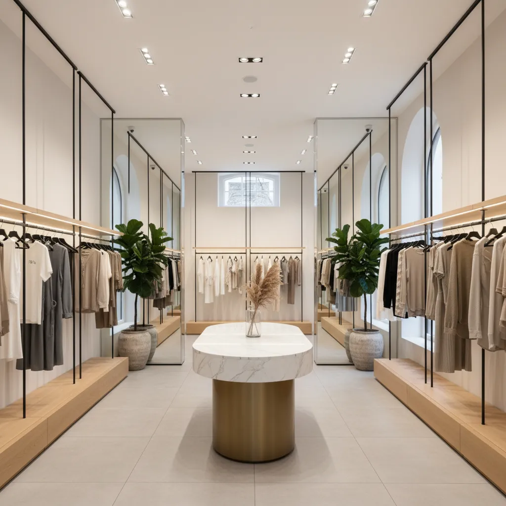 Pequeña boutique de ropa con espejos y diseño minimalista que amplía el espacio