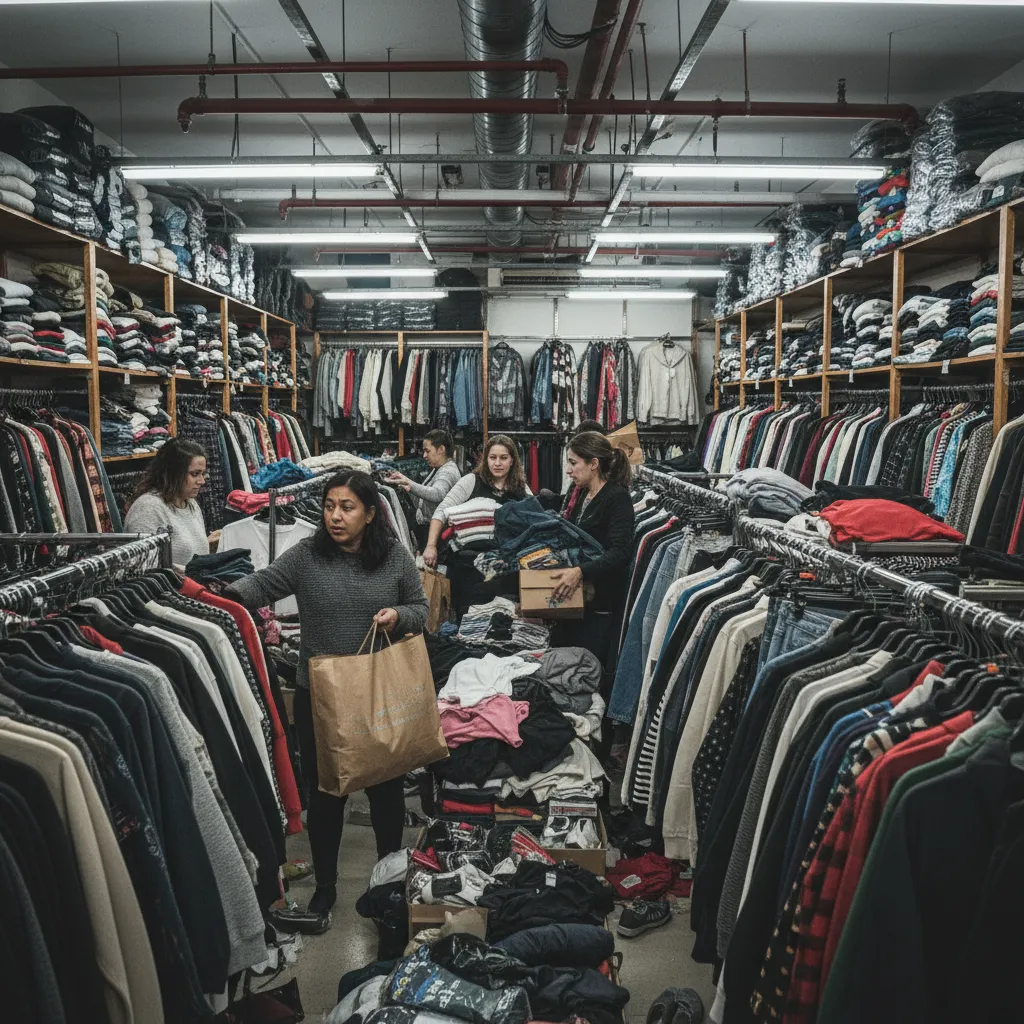 Tienda de ropa con demasiados productos expuestos en estanterías