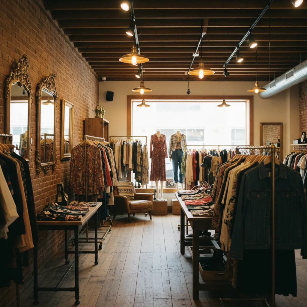 Decoración del interior de una tienda de ropa vintage