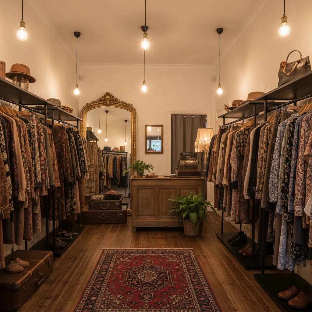Pequeña tienda de ropa vintage bien organizada con decoración minimalista