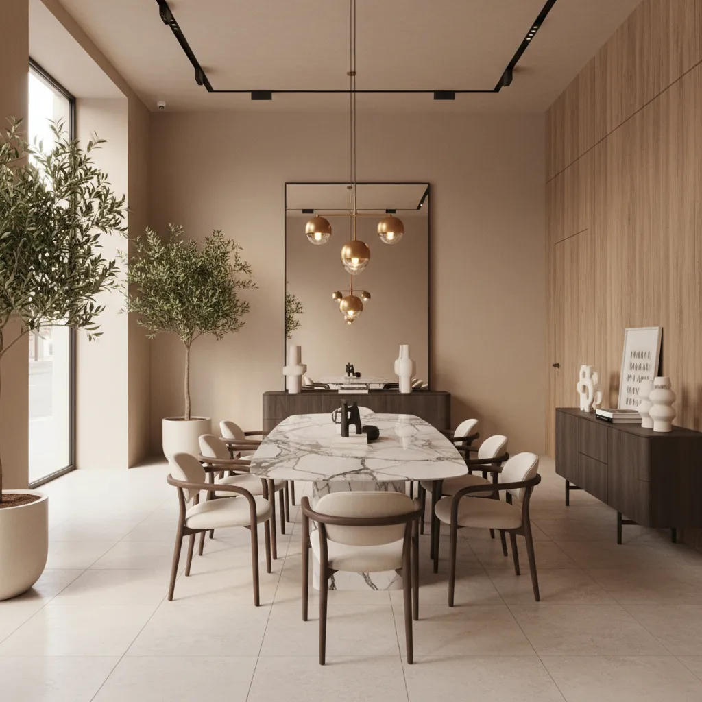 Modern dining room with marble table, wooden wall panel, ceiling light, and potted green plants