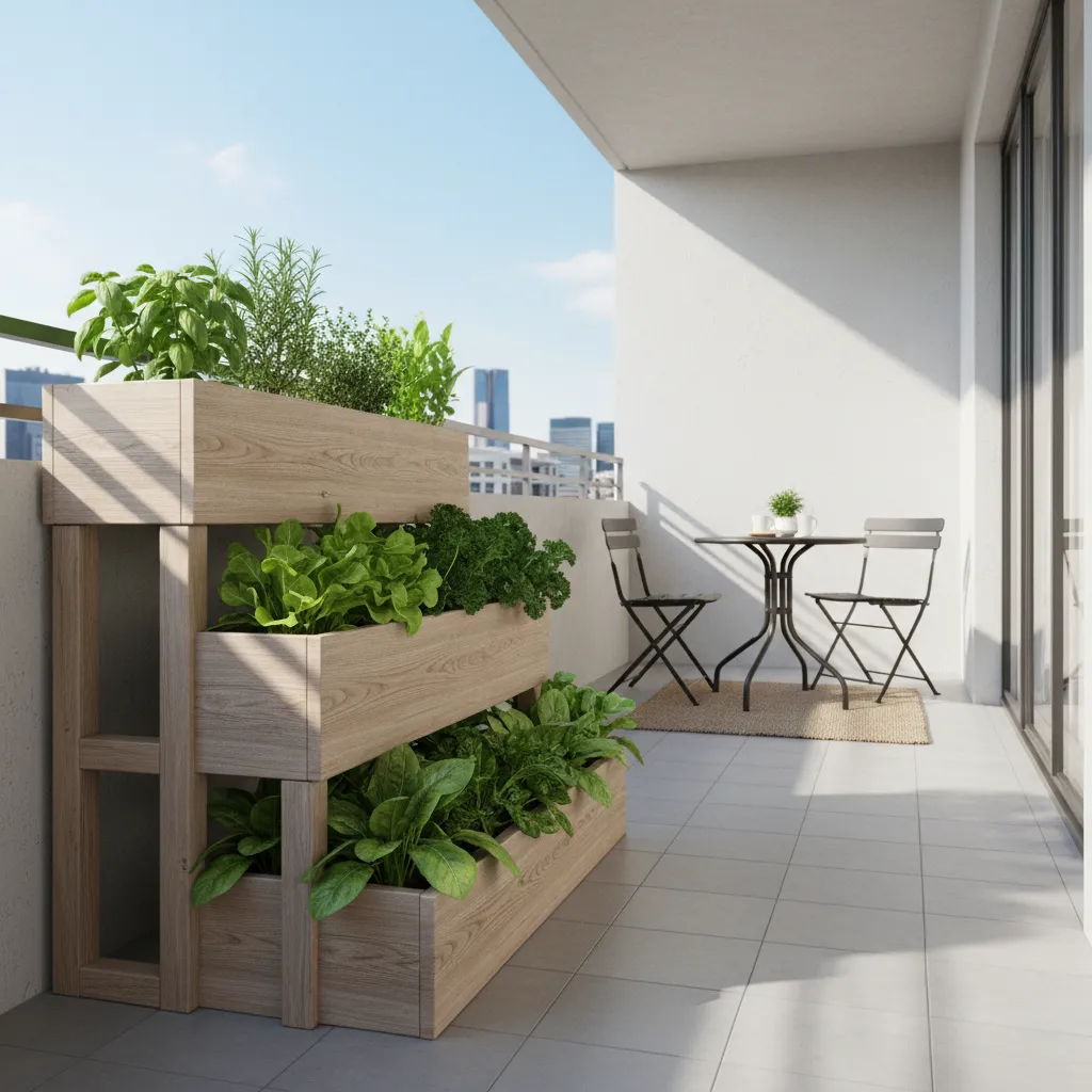 Tiered planter box system on a small balcony growing vegetables