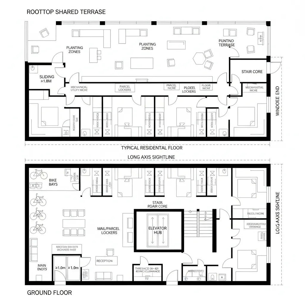 Tiered Core: Lobby-to-Rooftop Spine