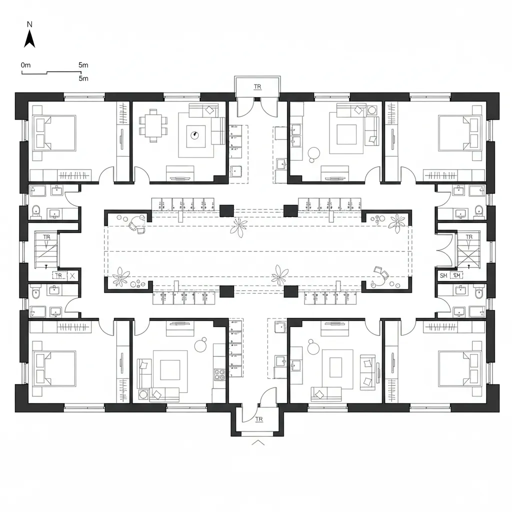 Floor plan showing four corner apartments surrounding a long central room with many small desks