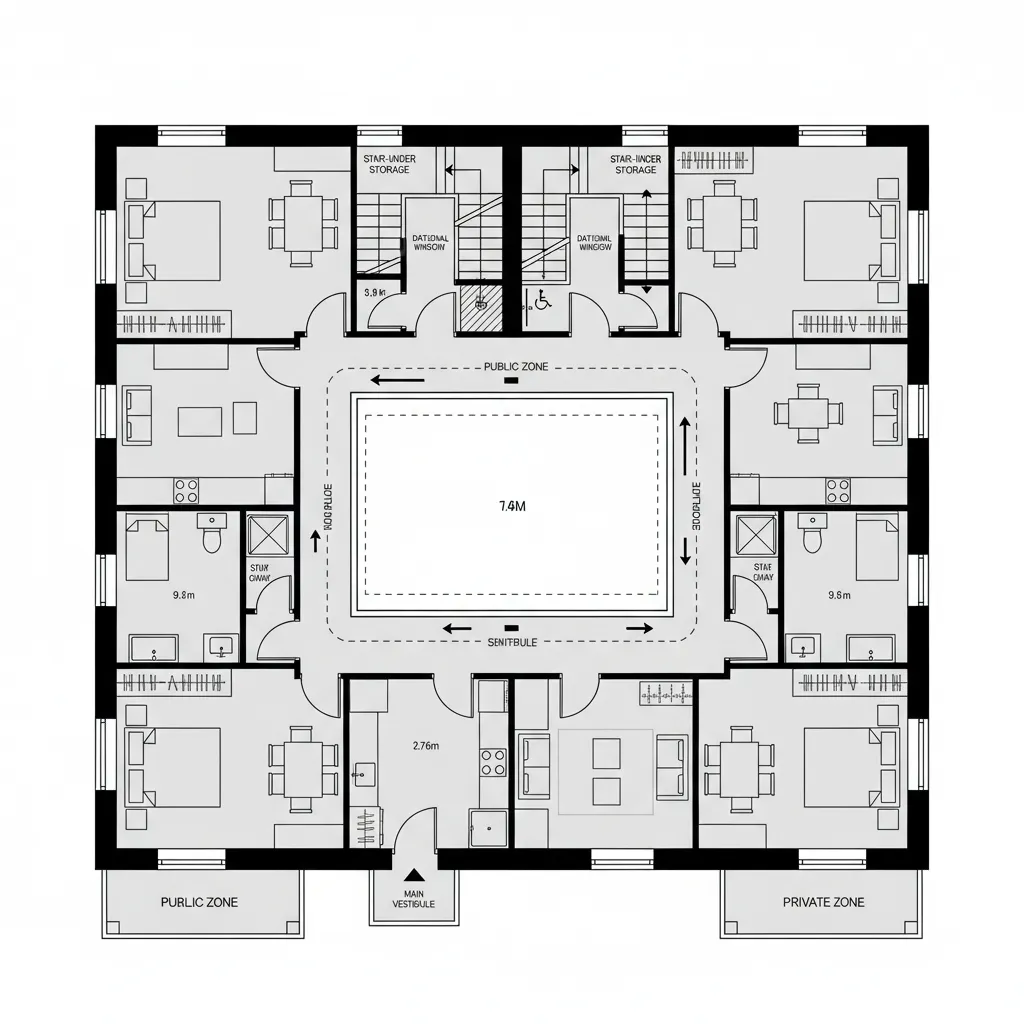 Top-down CAD plan of a tiered courtyard stack with loop hall and four units per floor