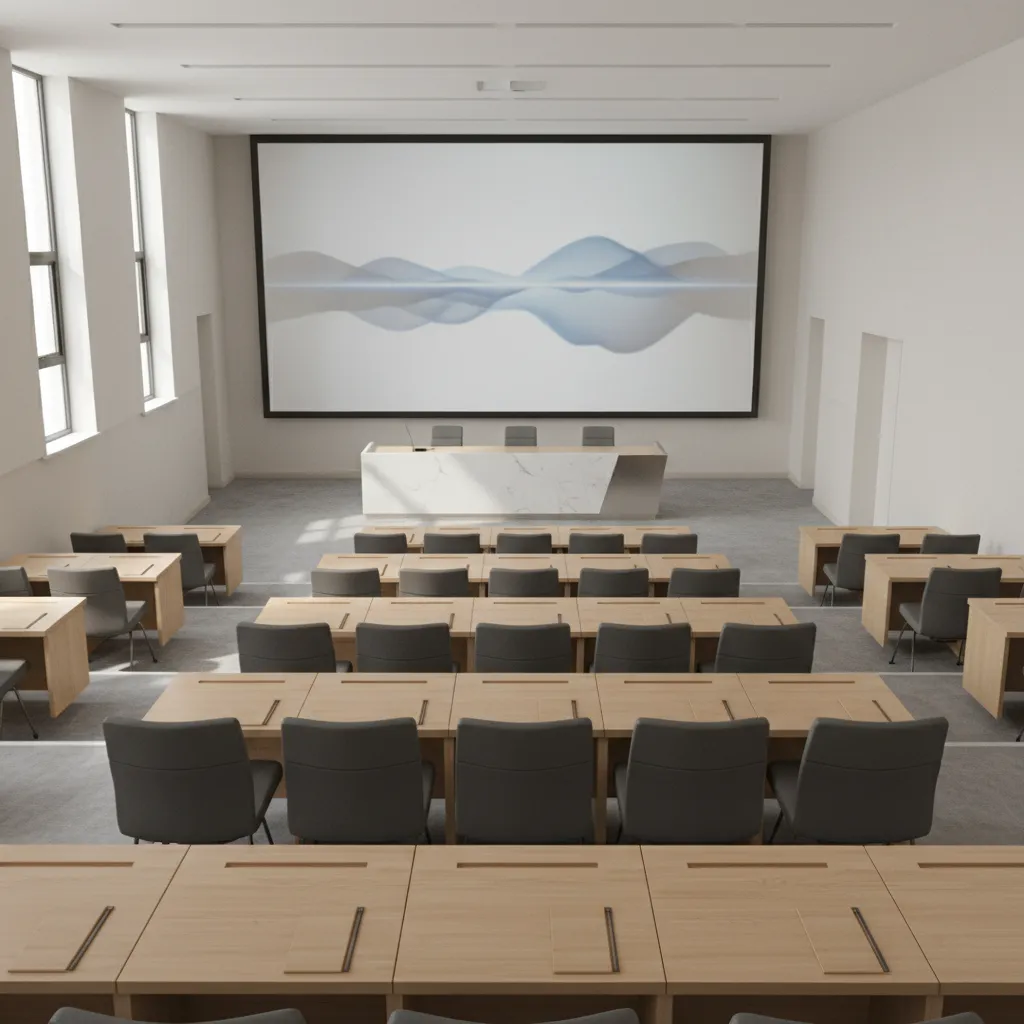 modern gallery seminar hall with tiered seating and large presentation screen