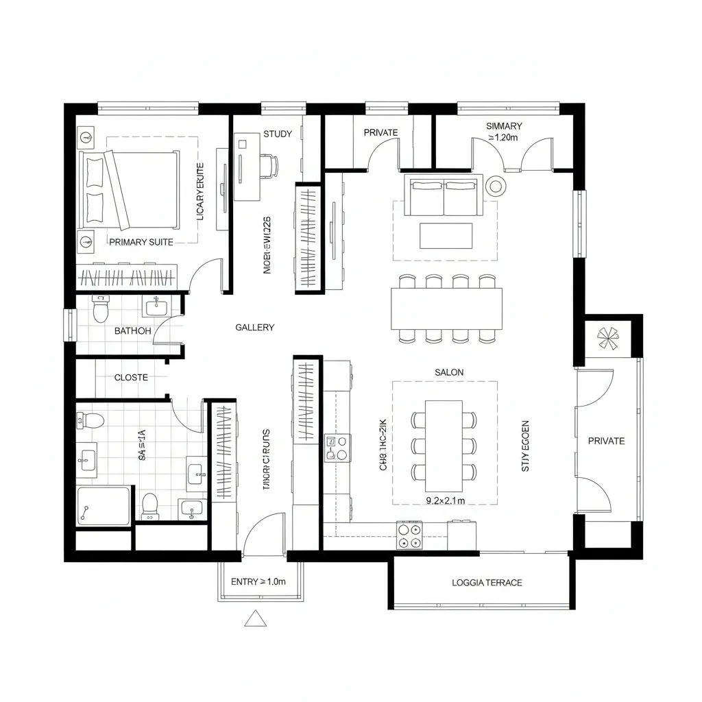 Simple 2D floor plan showing primary suite, study, kitchen, living room, and outdoor private terrace