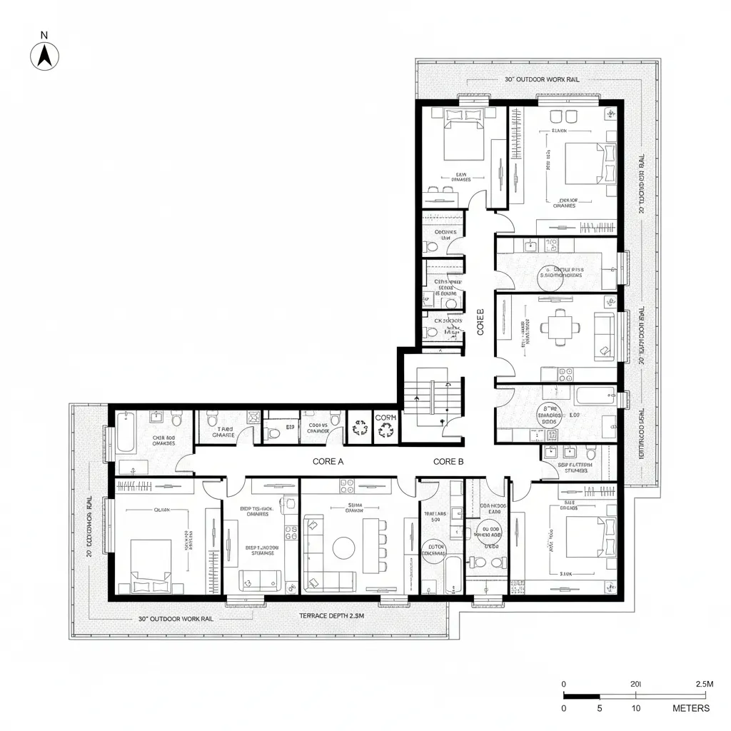 A detailed l-shaped floor plan showing multiple bedrooms bathrooms living area and a large outdoor terrace