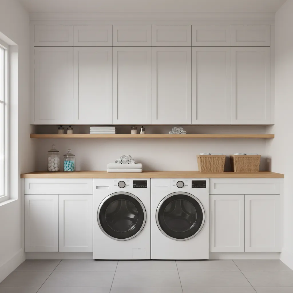 Tiered laundry room storage with cabinets and open shelving