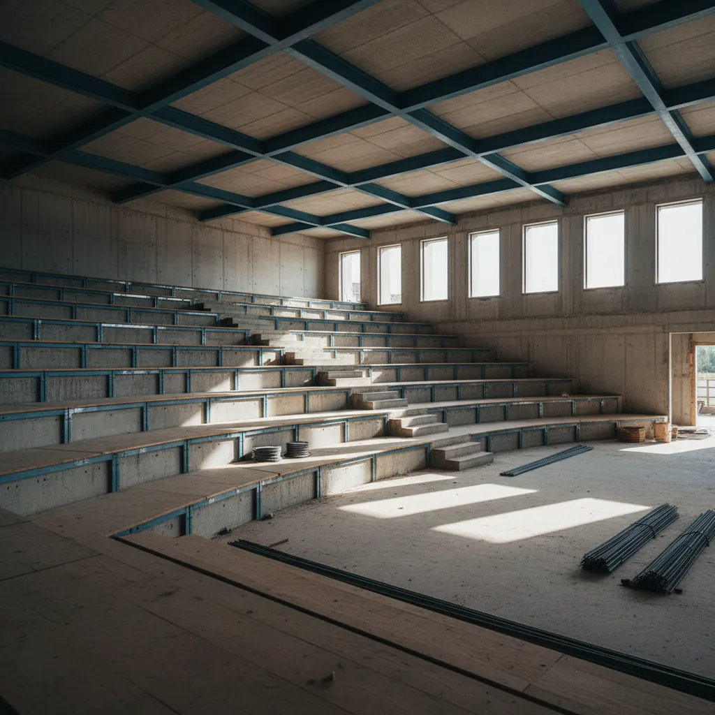 structural stepped floor construction inside a tiered lecture hall