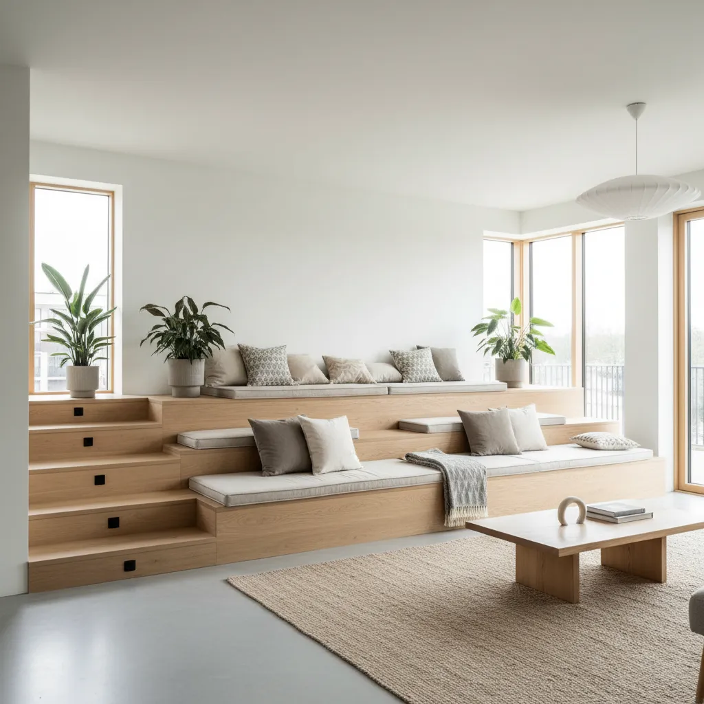 Gradas interiores de madera en un salón moderno