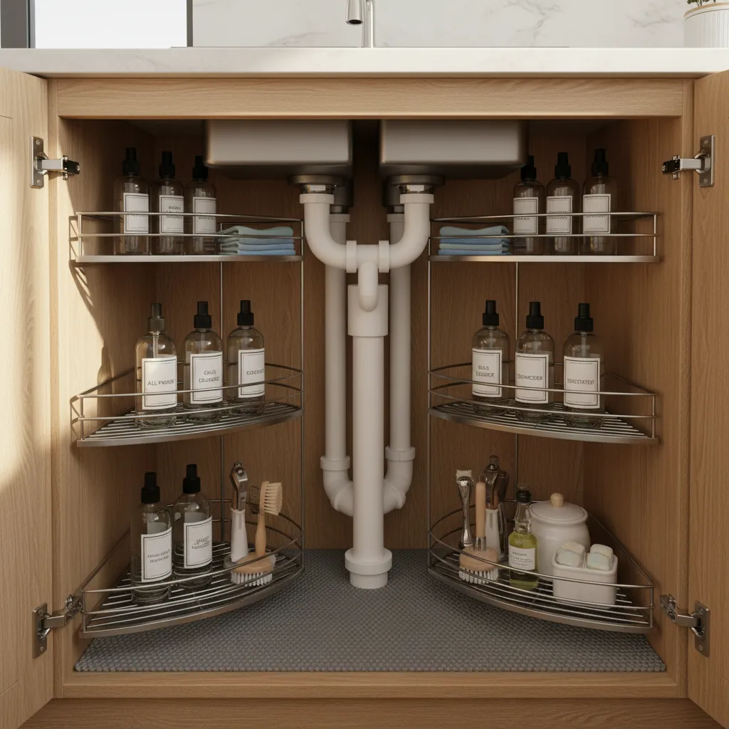 Tiered shelves around plumbing in corner sink cabinet