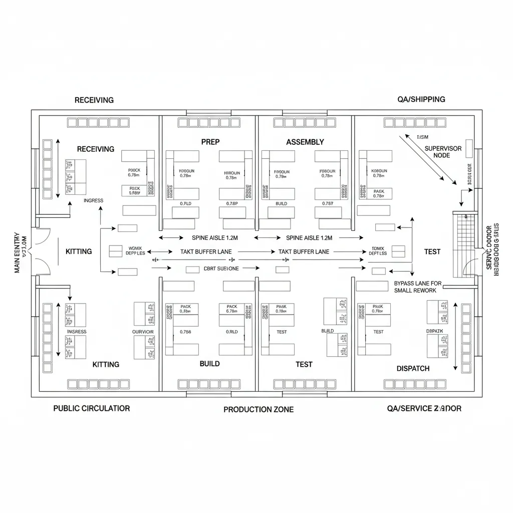 Interior design drawing showing room layout with receiving prep assembly and testing zones labeled clearly