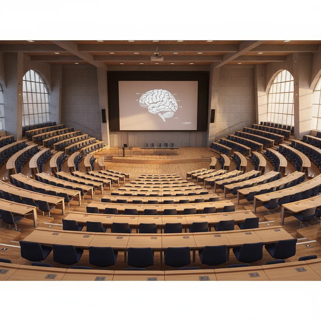 Large university lecture hall with tiered seating and projector screen