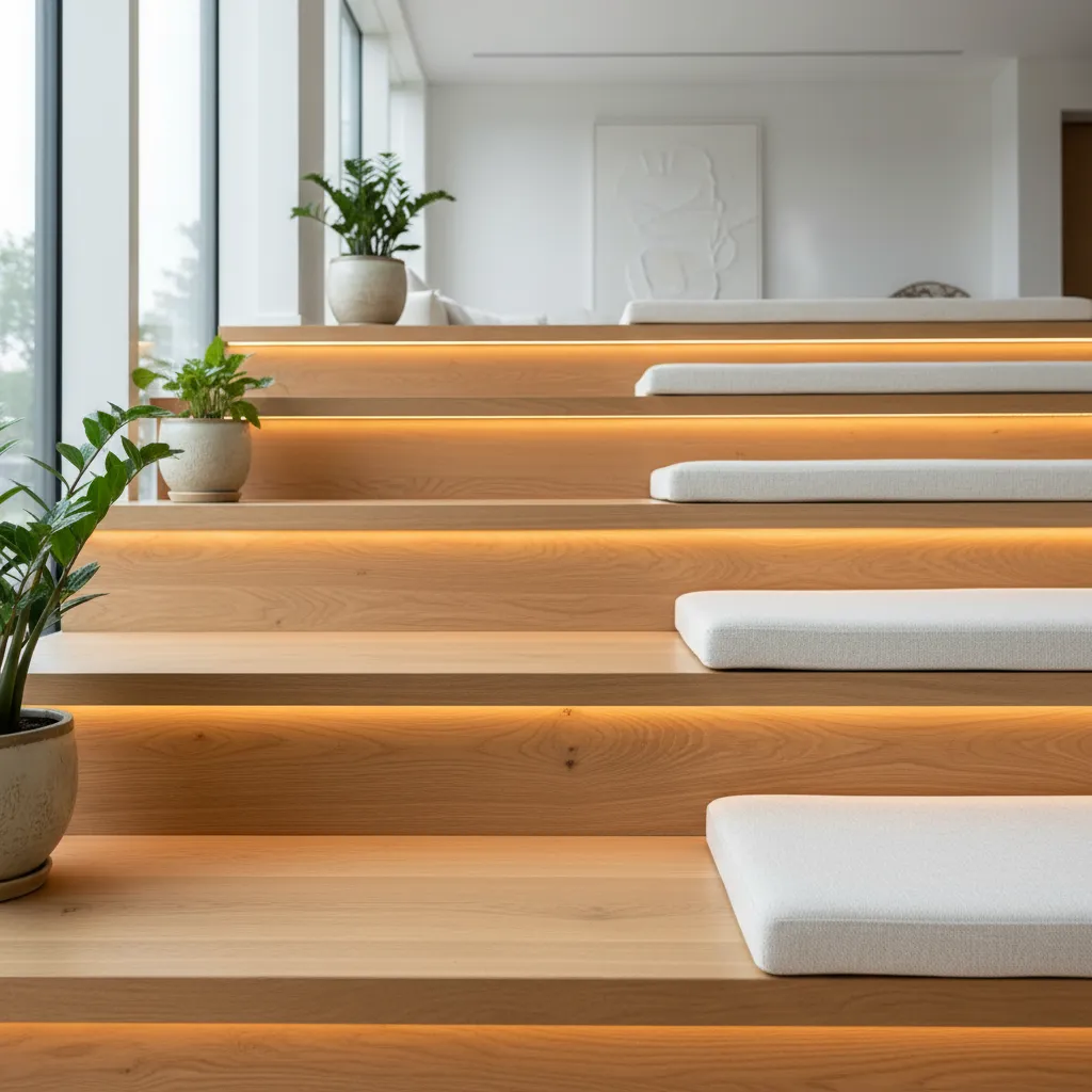 Detalle de gradas interiores de madera con cojines