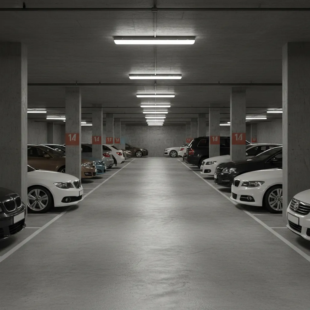 tight basement parking layout with narrow driving aisle and parked cars