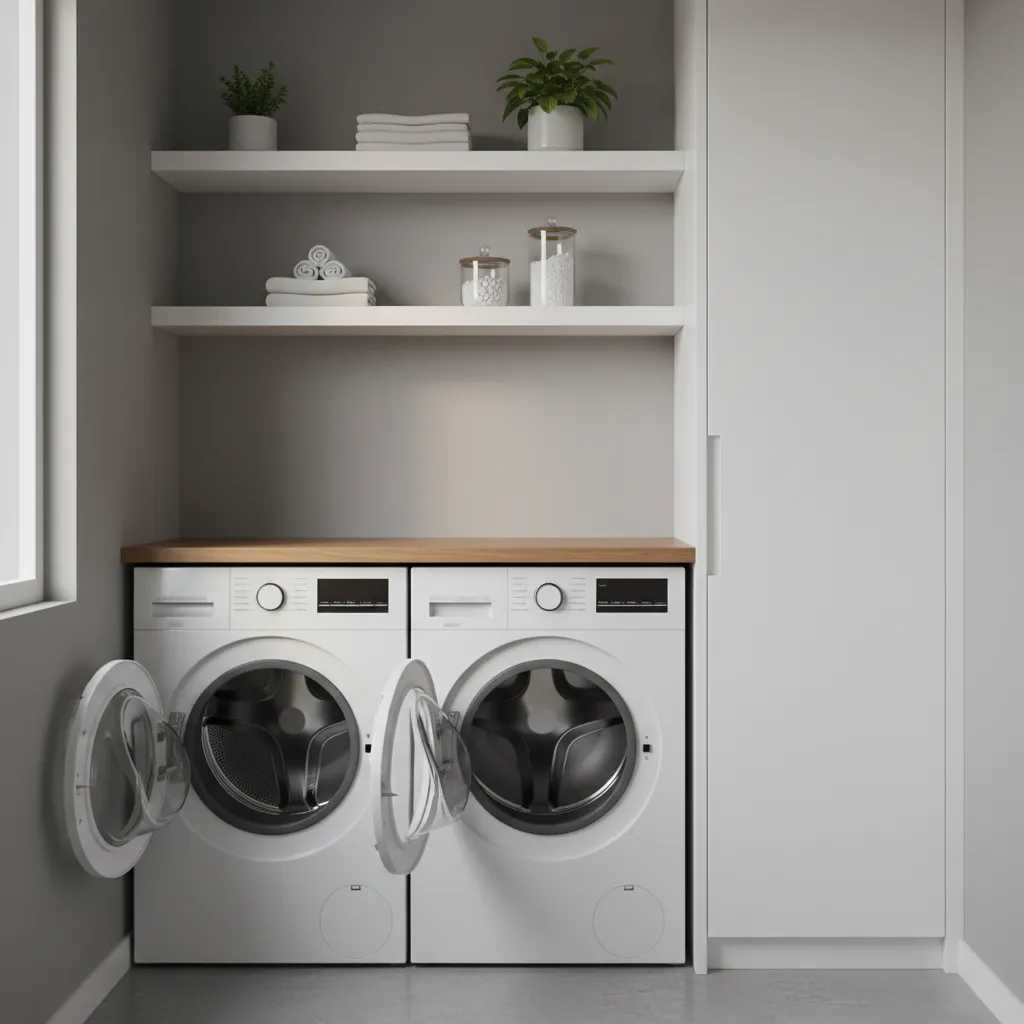 Compact laundry room showing cabinet clearance with washer and dryer doors open