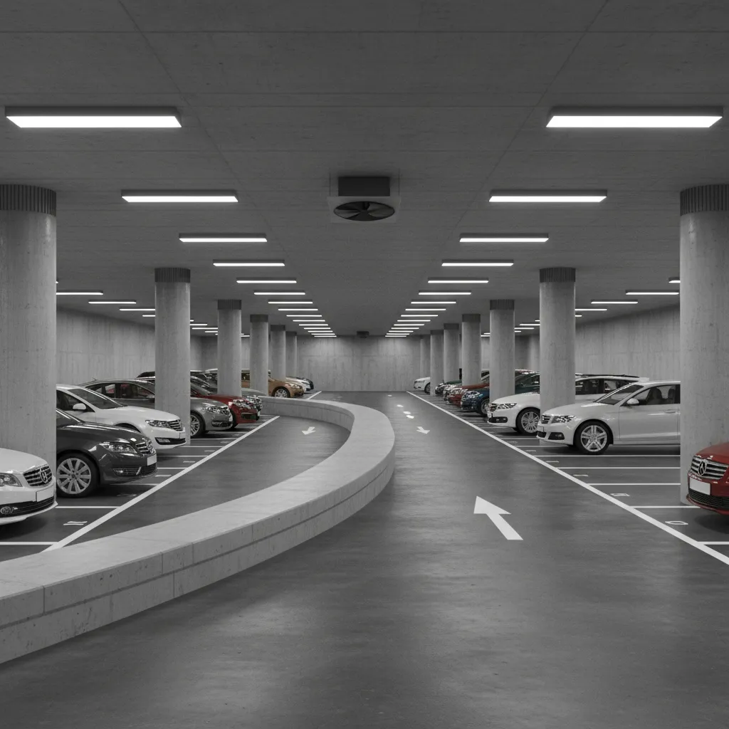 Small urban basement parking garage showing limited space and ramp entry
