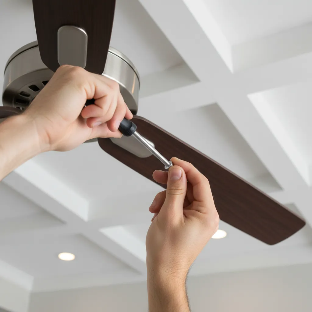 Using screwdriver to tighten ceiling fan blade screws