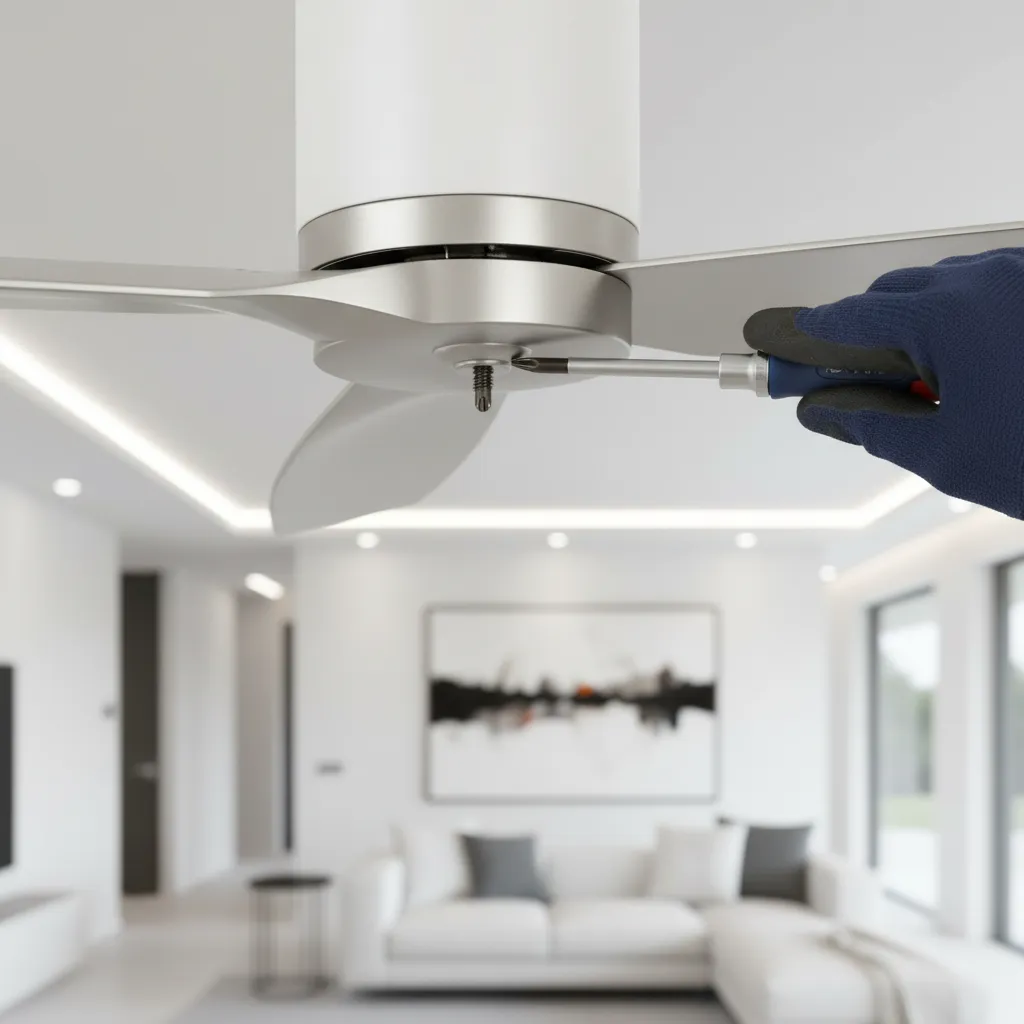 Close up of screwdriver tightening ceiling fan blade bracket screws