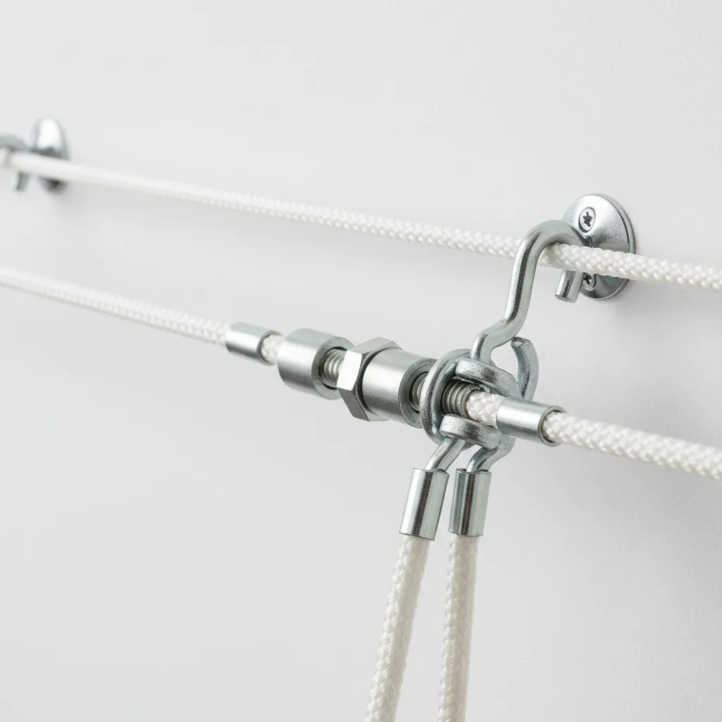 Turnbuckle hardware tightening an indoor laundry clothesline