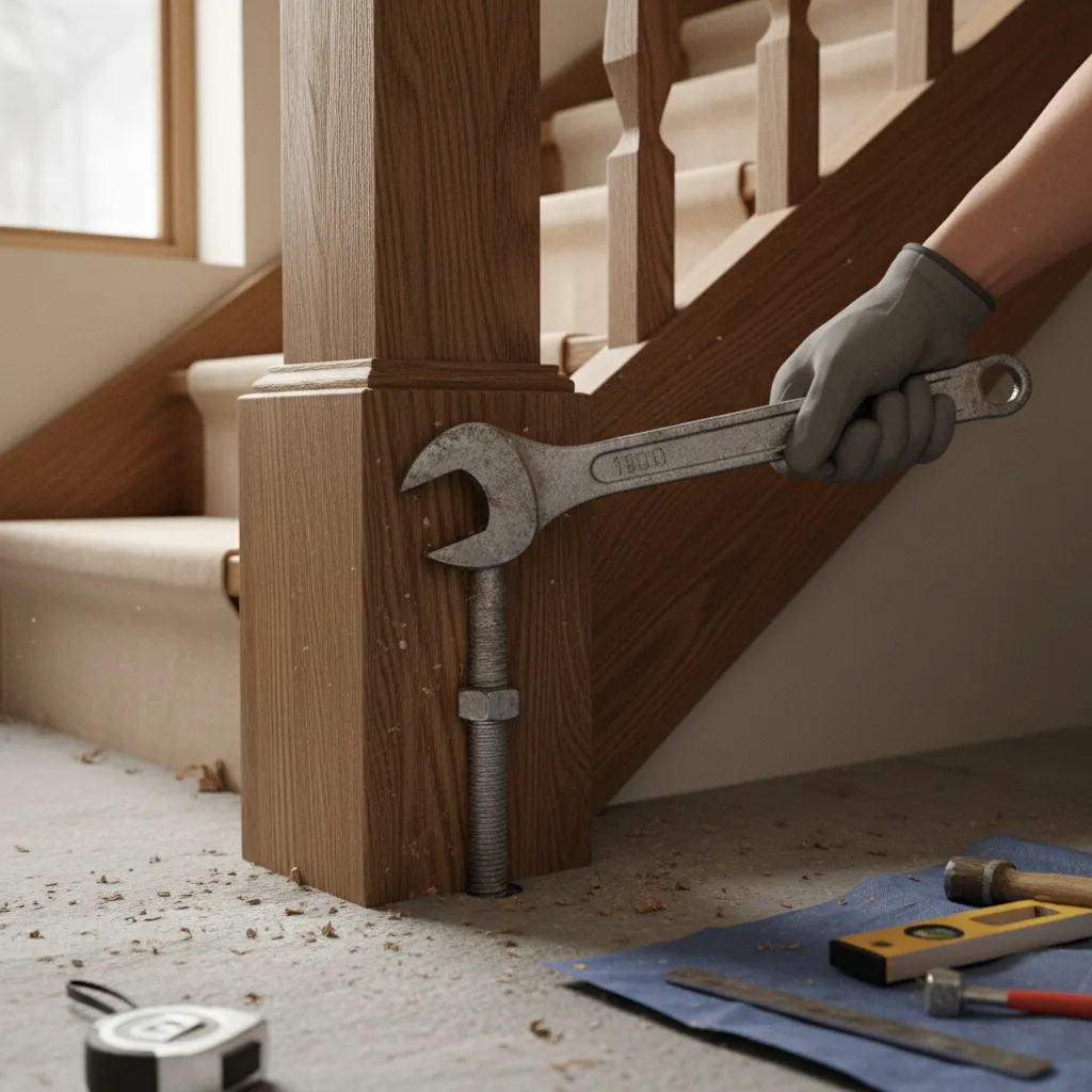 tightening newel post anchor bolt on stair banister