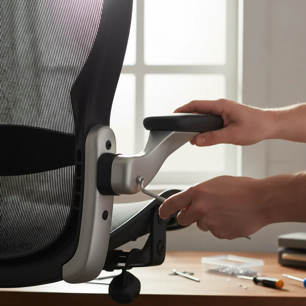tightening bolts on ergonomic office chair armrest with hex key