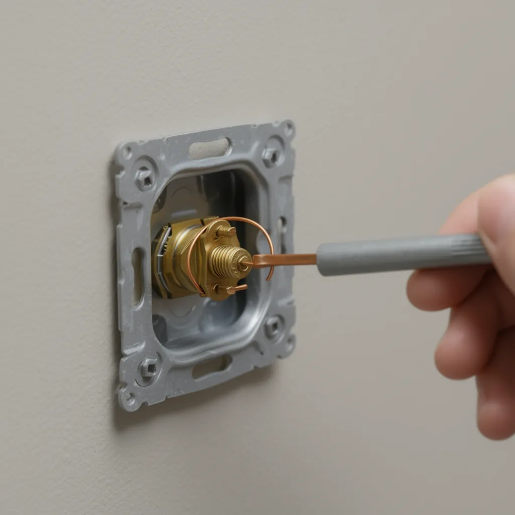 Screwdriver tightening terminal screw on a wall light switch wire