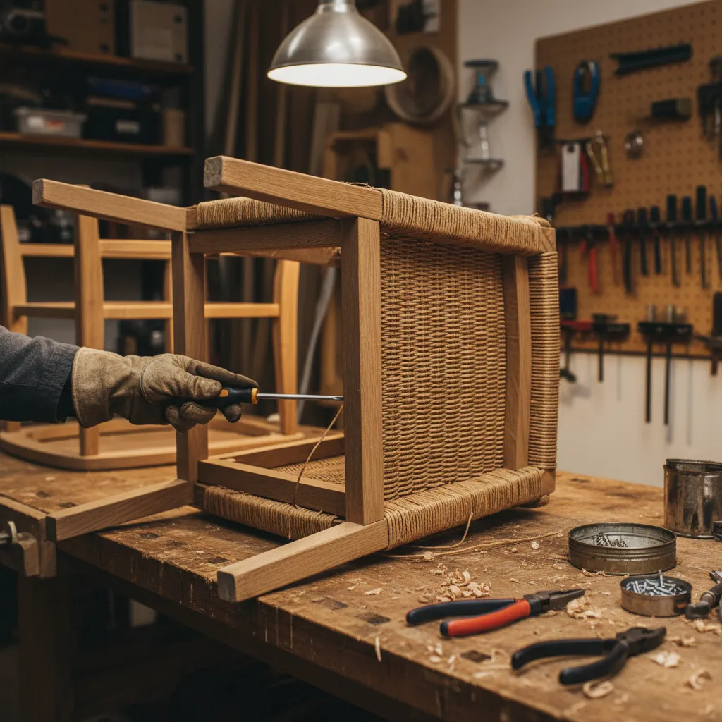 person tightening screws on the underside of a wicker dining chair frame