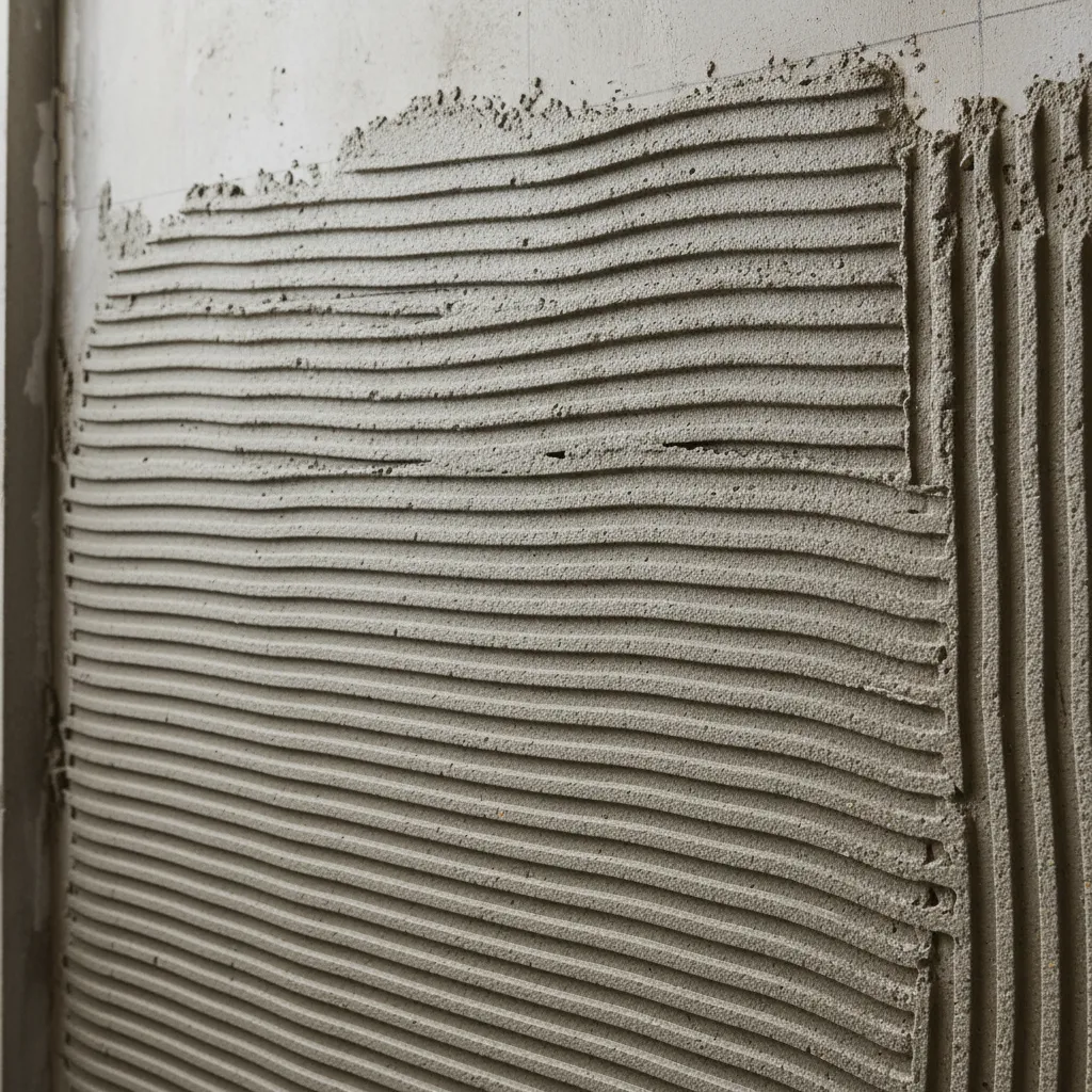 notched trowel spreading tile cement on wall surface