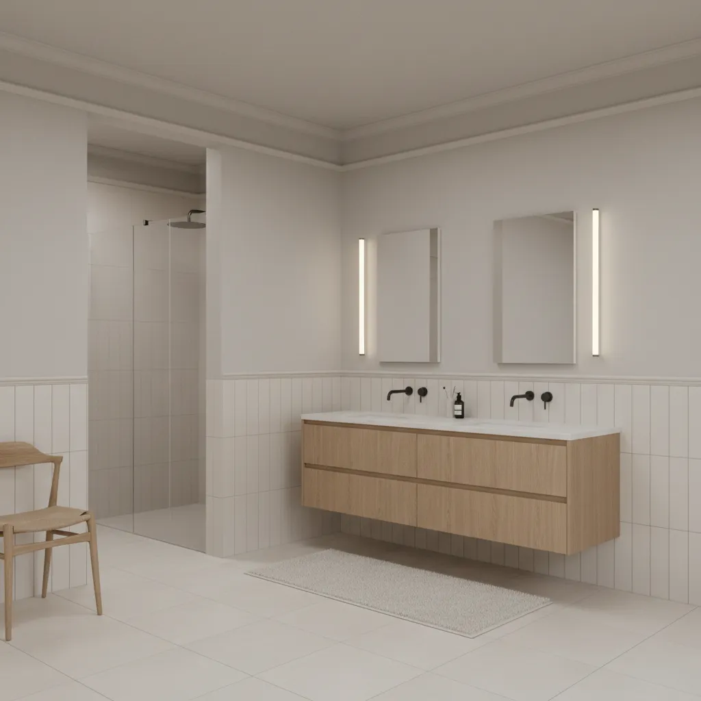 Bathroom design showing tile and chair rail layout around room