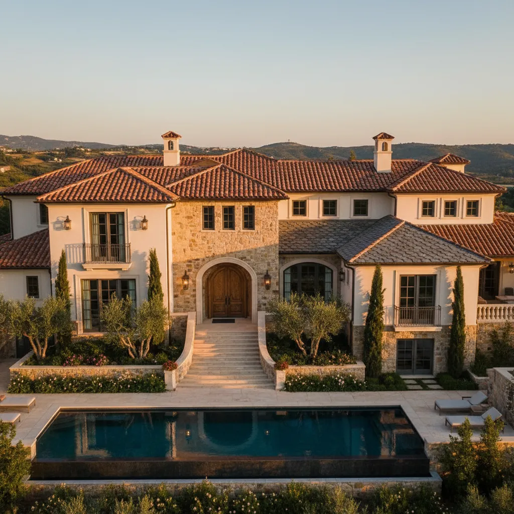 luxury home with clay tile roof and slate roofing detail