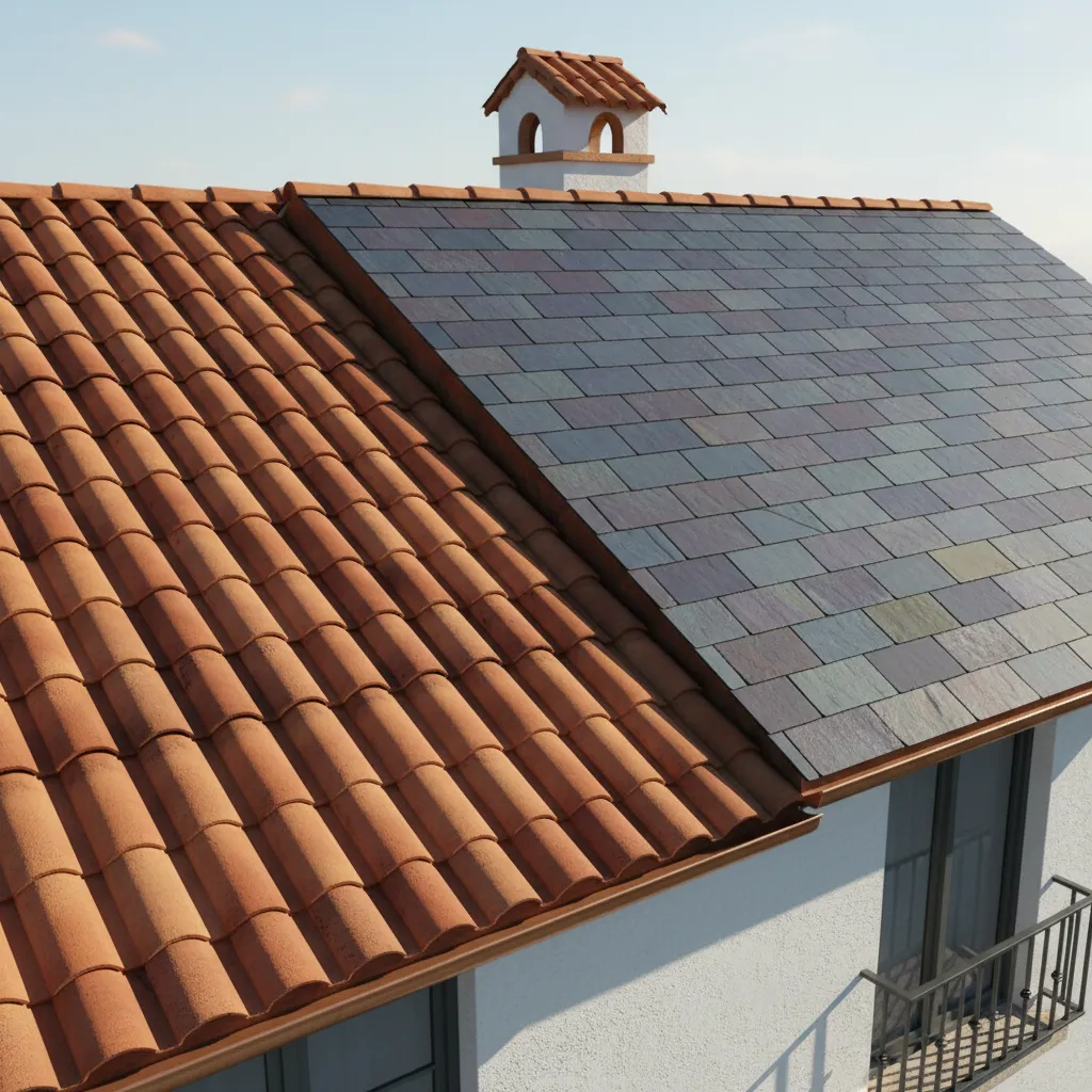 Clay tile and slate roof structure on residential home