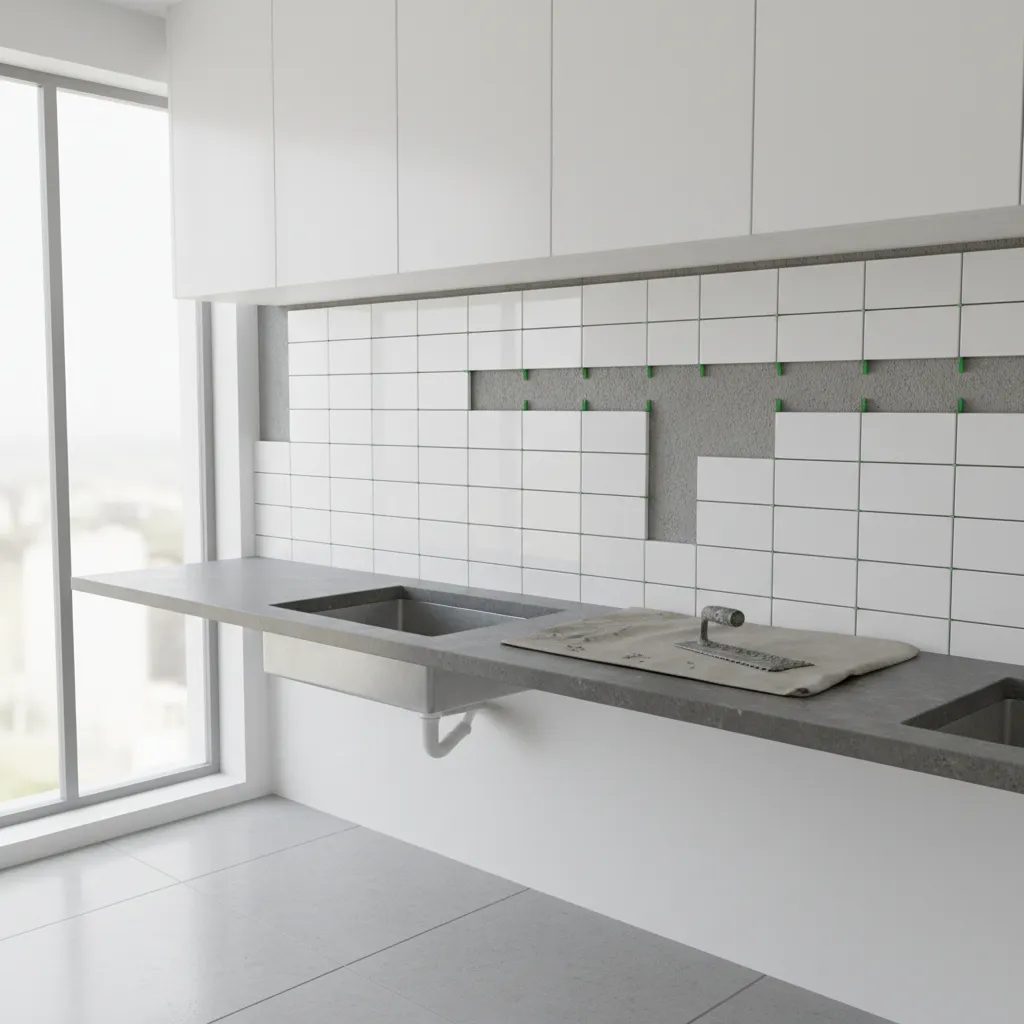 Ceramic subway tile backsplash installation with spacers and mortar on kitchen wall