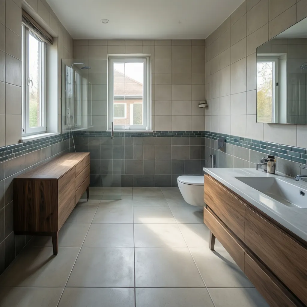 Ceramic tile baseboard running along bathroom wall matching tiled floor