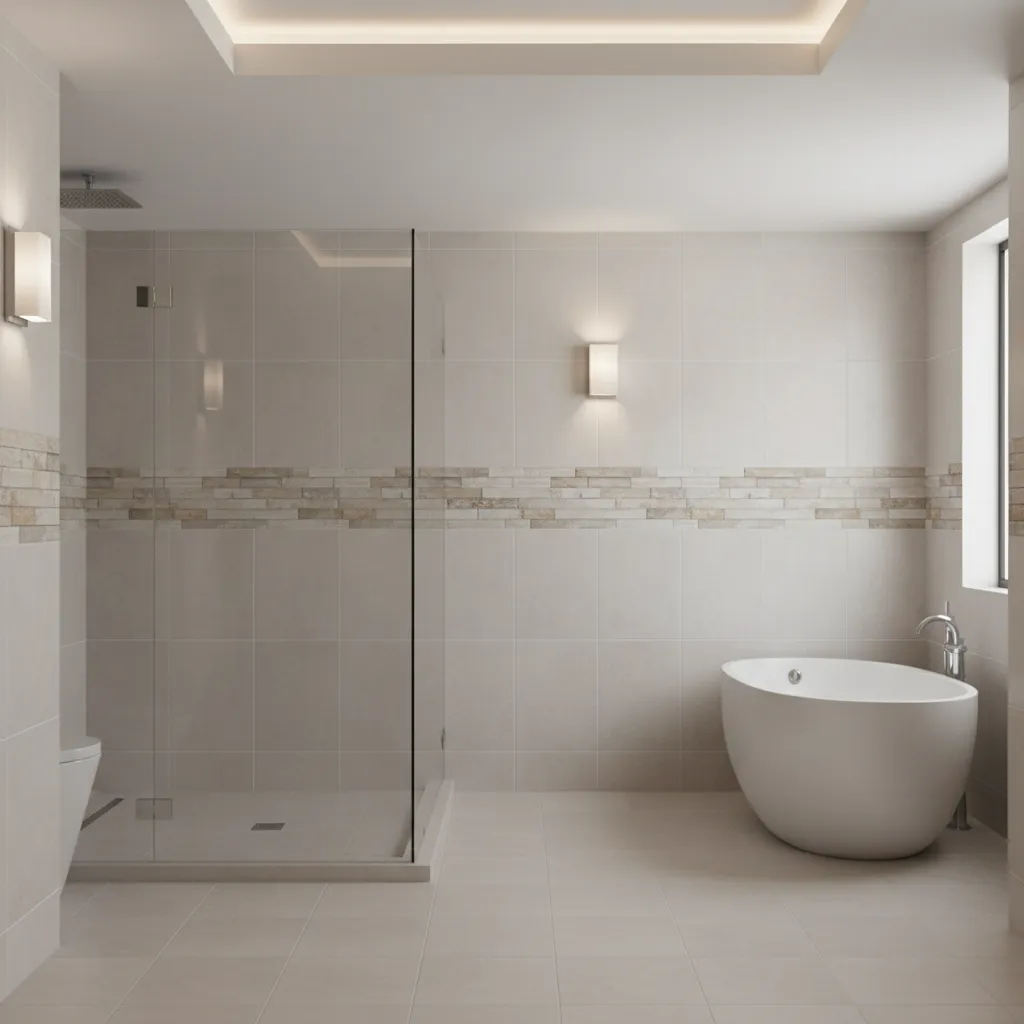 Decorative tile chair rail border in tiled bathroom wall