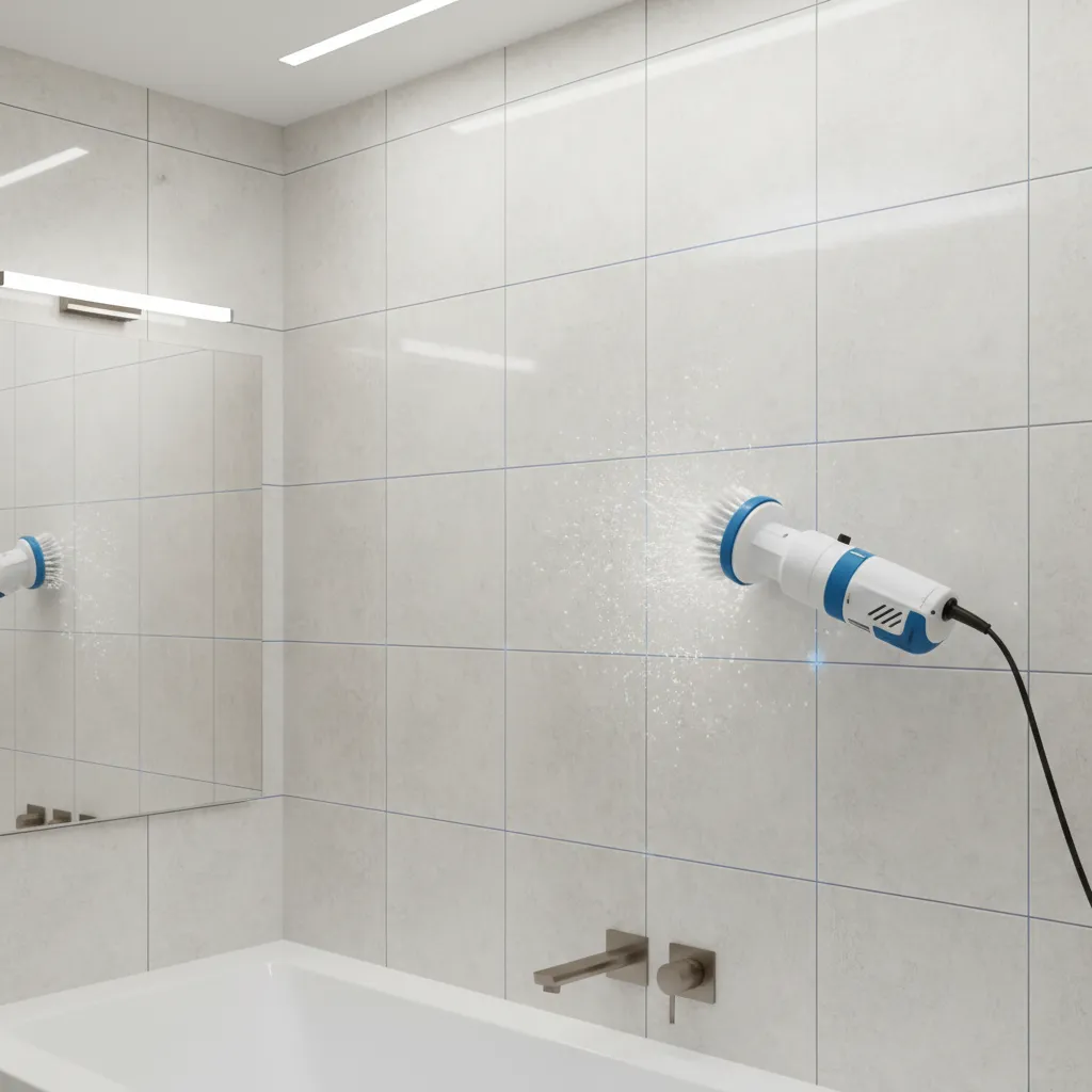 Bathroom tile wall divided into sections demonstrating grid cleaning method