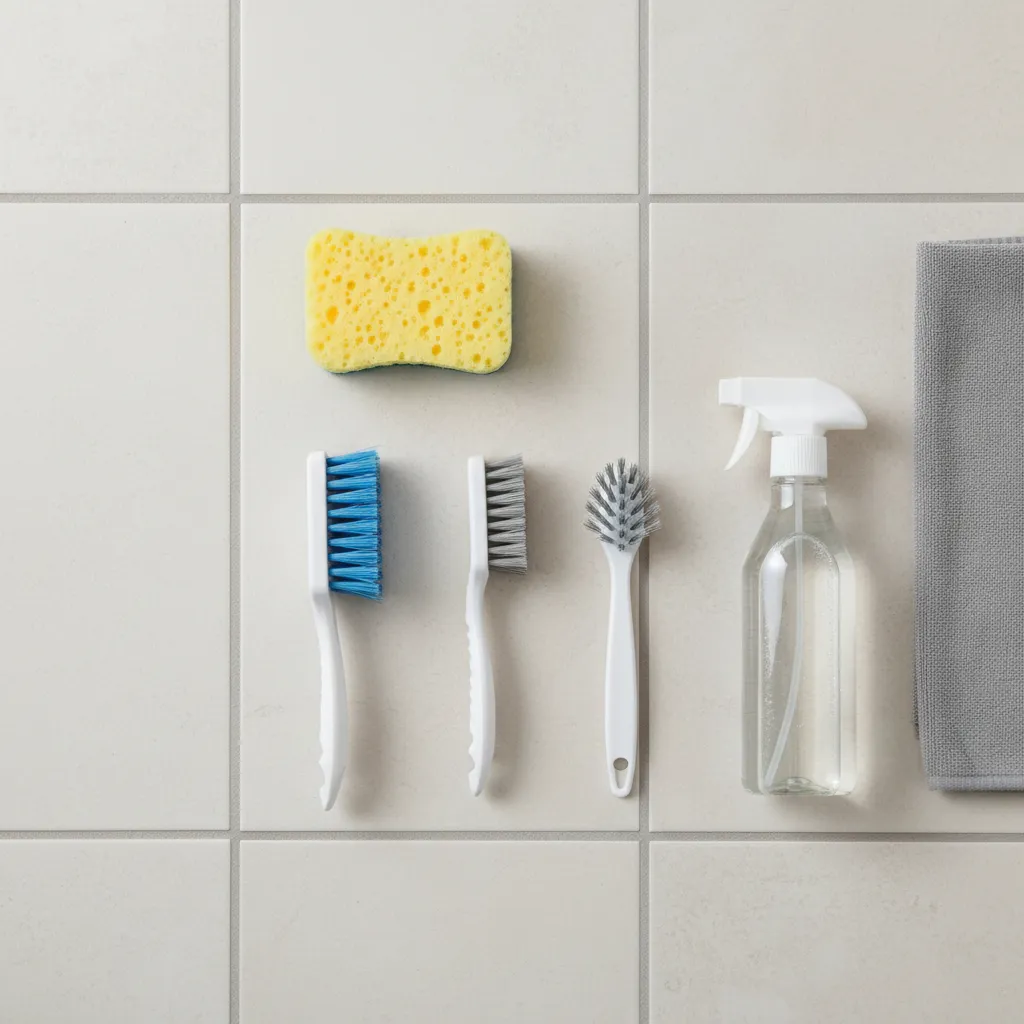 Tile brush sponge and scrub pad placed beside bathroom tiles