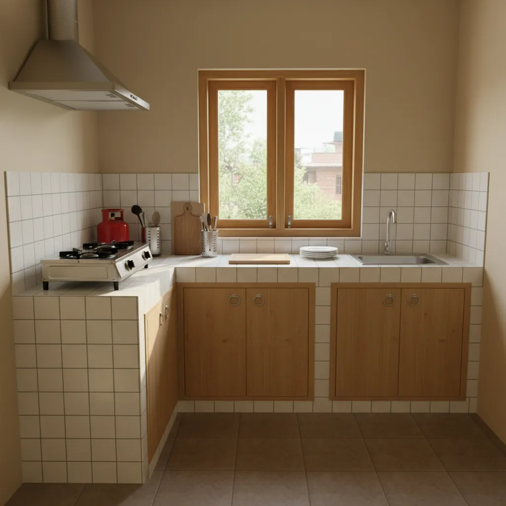 Budget kitchen tile countertop with simple cabinets in Nepal