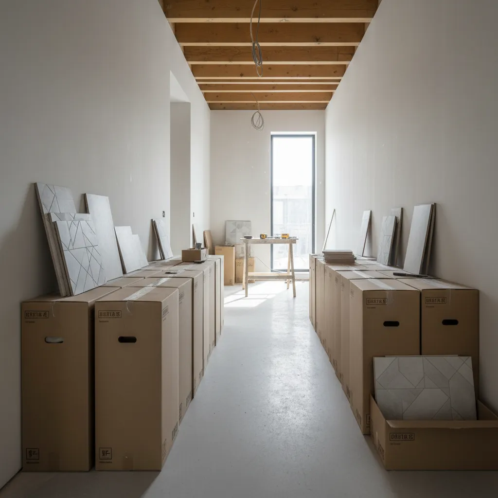 Boxes of ceramic tiles stacked inside a home ready for installation