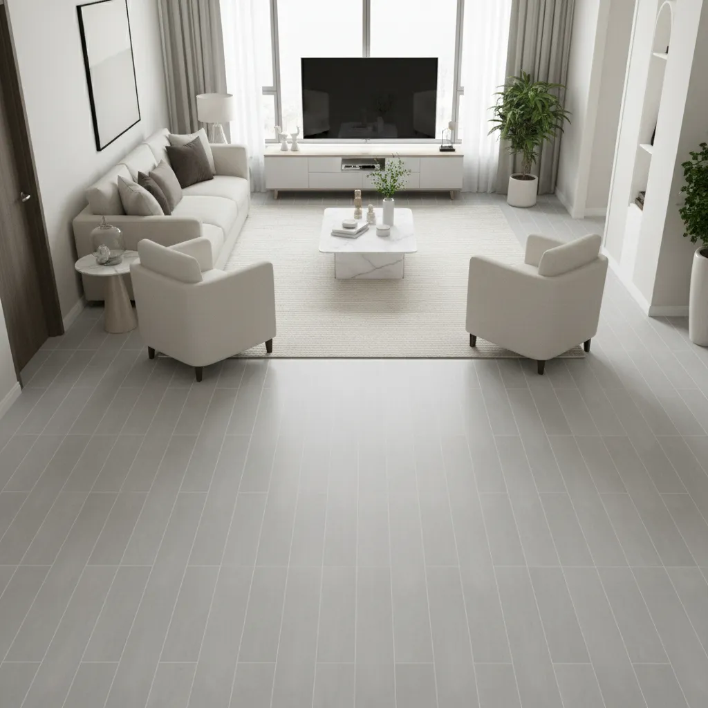 Living room floor tiles installed lengthwise to expand visual space