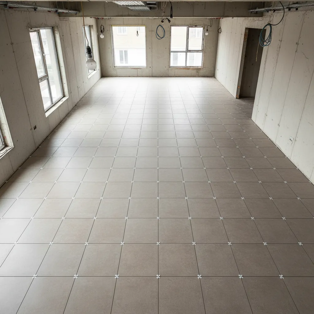 floor tile pattern dry run showing grid alignment before installation