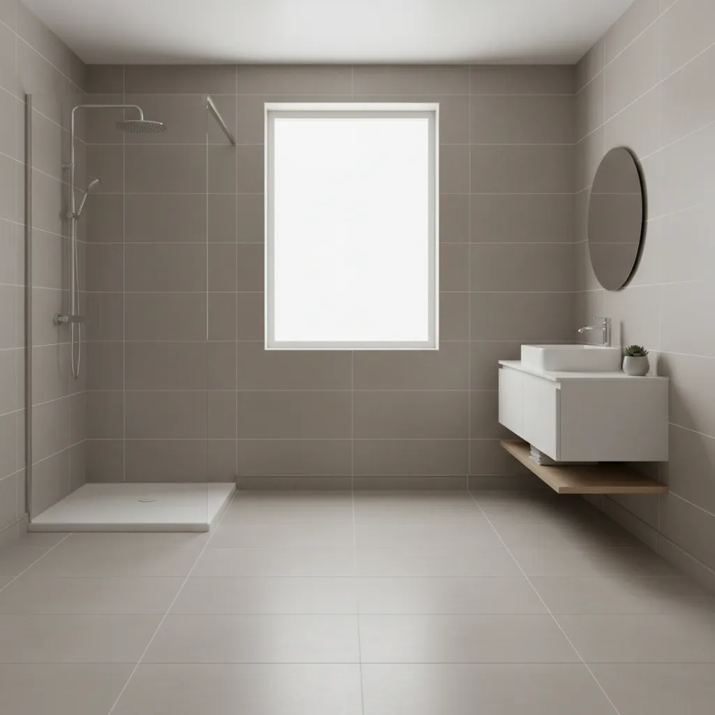 Bathroom tile flooring with matching tile baseboard trim
