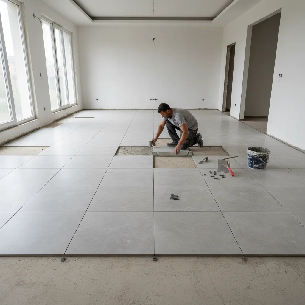 Contractor installing large 2x2 vitrified floor tiles in a living room layout