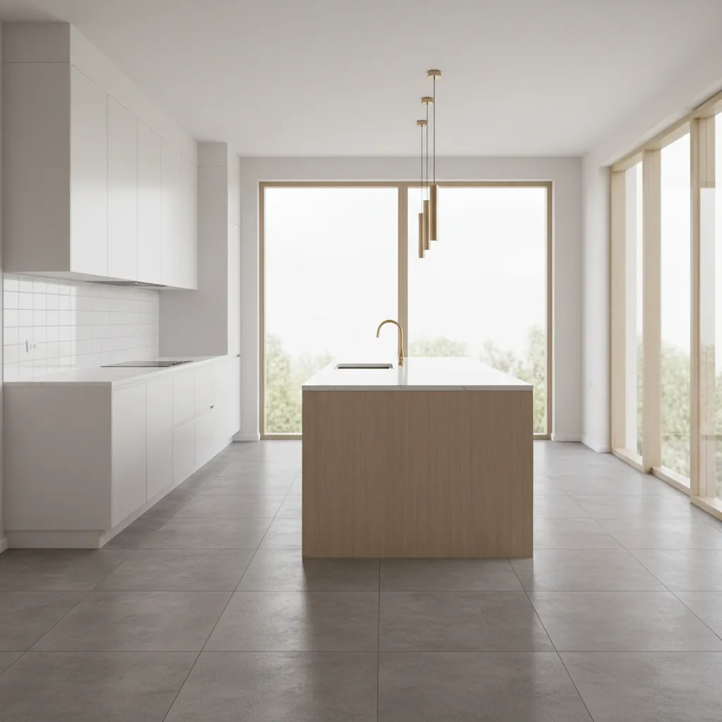 Kitchen with ceramic tile flooring showing hard surface standing area