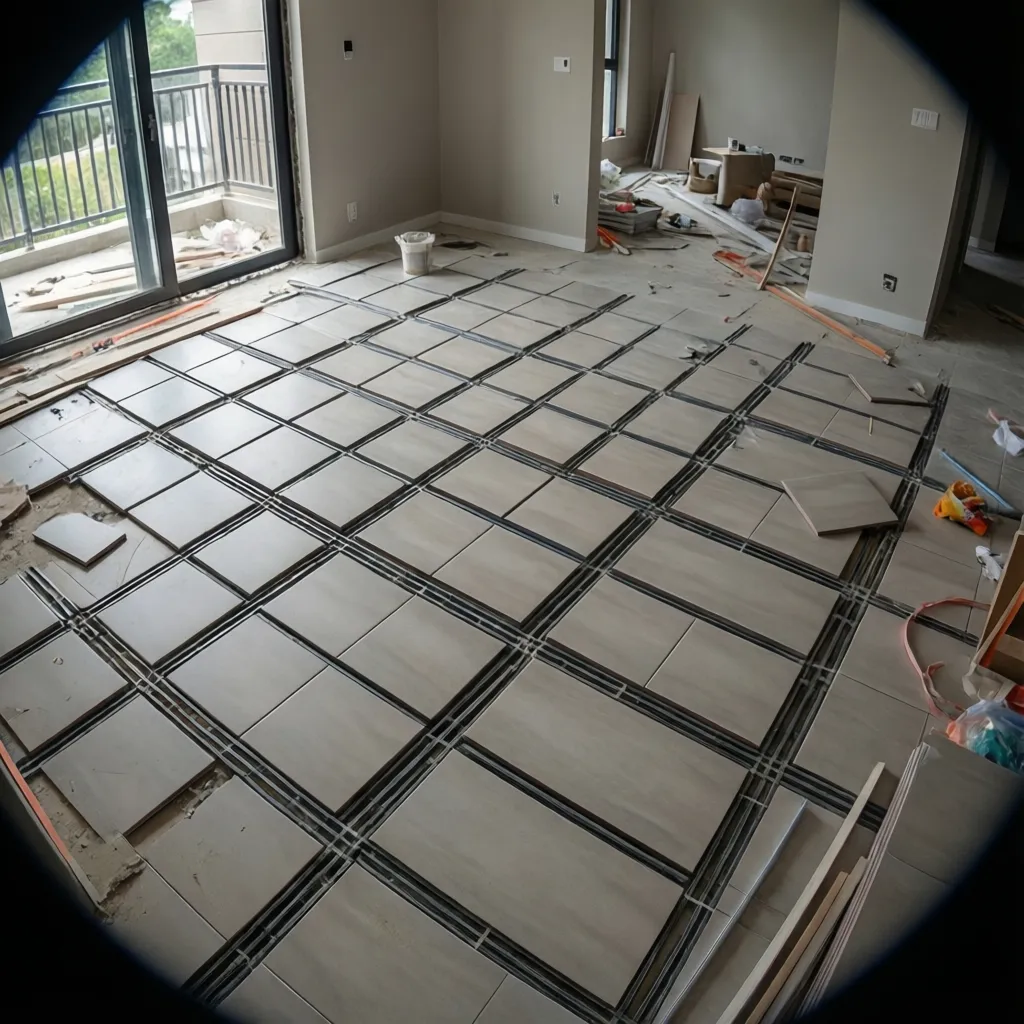 dry layout of ceramic floor tiles arranged across a living room floor