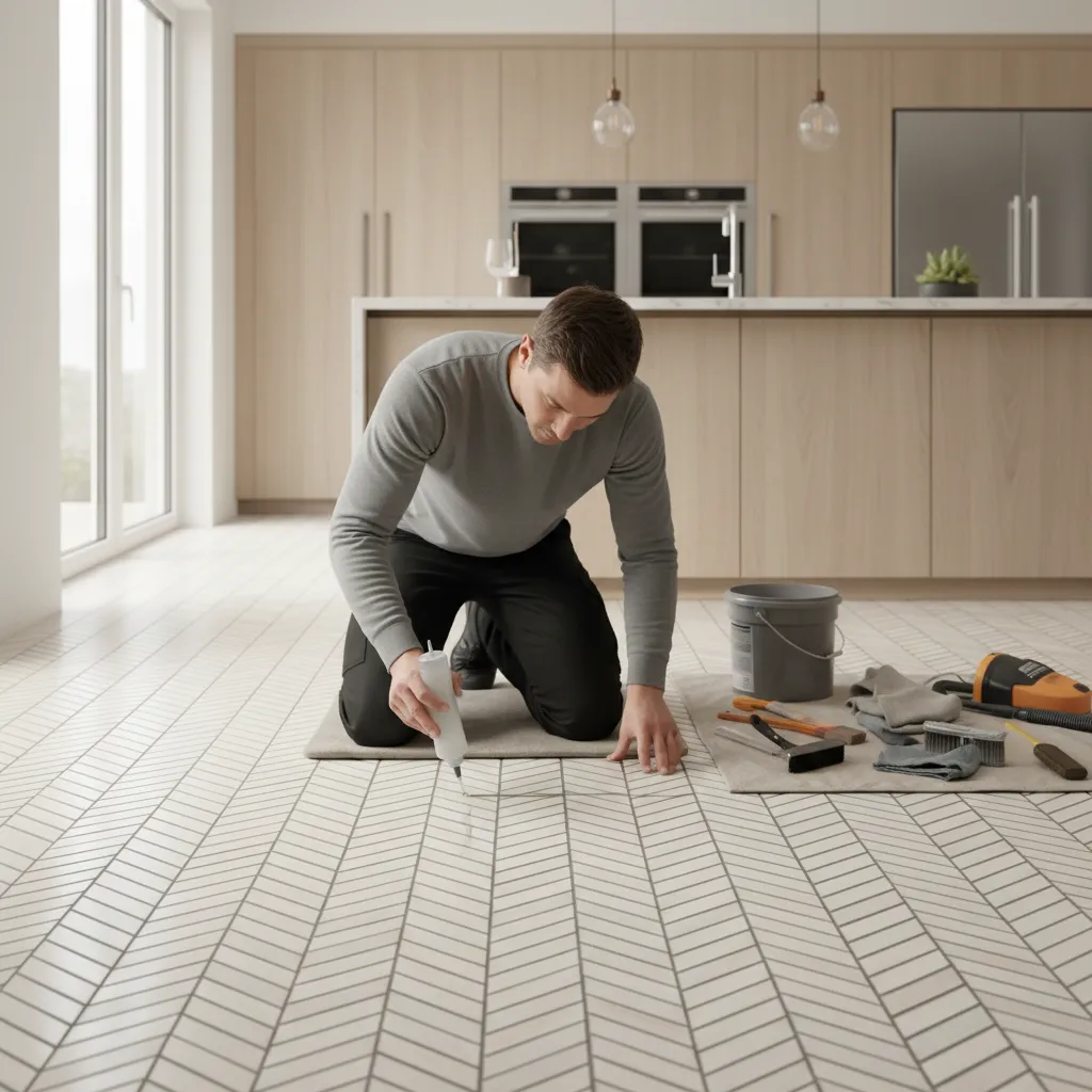 Applying sealant to ribbon tile flooring grout lines