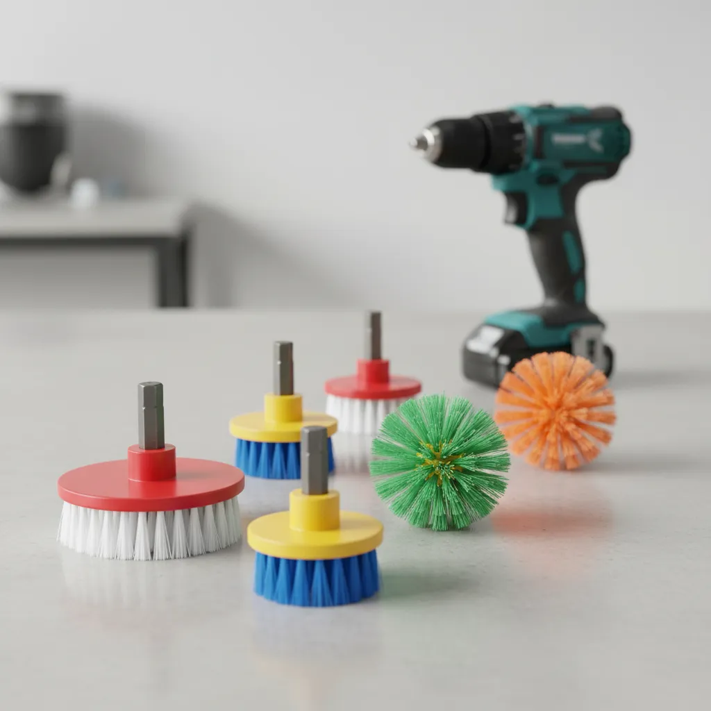 Different drill brush shapes for tile and grout cleaning