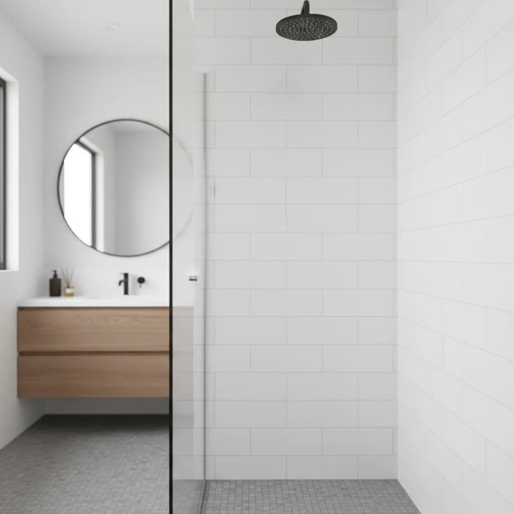 Clean restored bathroom tiles with bright grout lines after professional cleaning